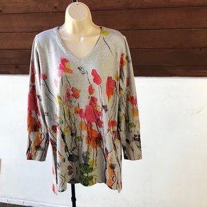Soft Surroundings Gray Poppy Fields Watercolor V Neck Tunic Sweater Knit Top Med